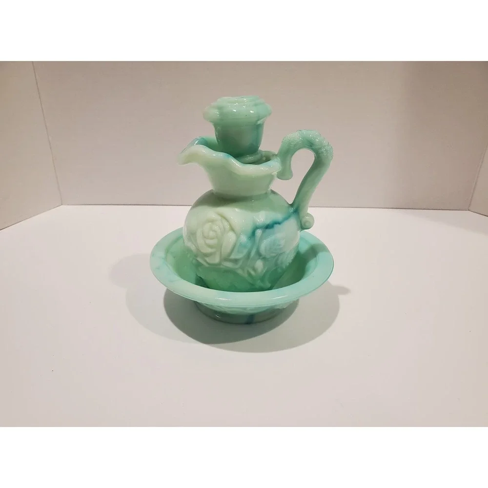 Vintage AVON Turquoise Green Milk Glass Cruet W/Embossed Rose Pattern & Stopper